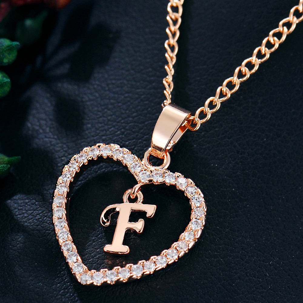 Heart-shaped Zircon Pendant Necklace Stainless Steel Gold 26 Letters