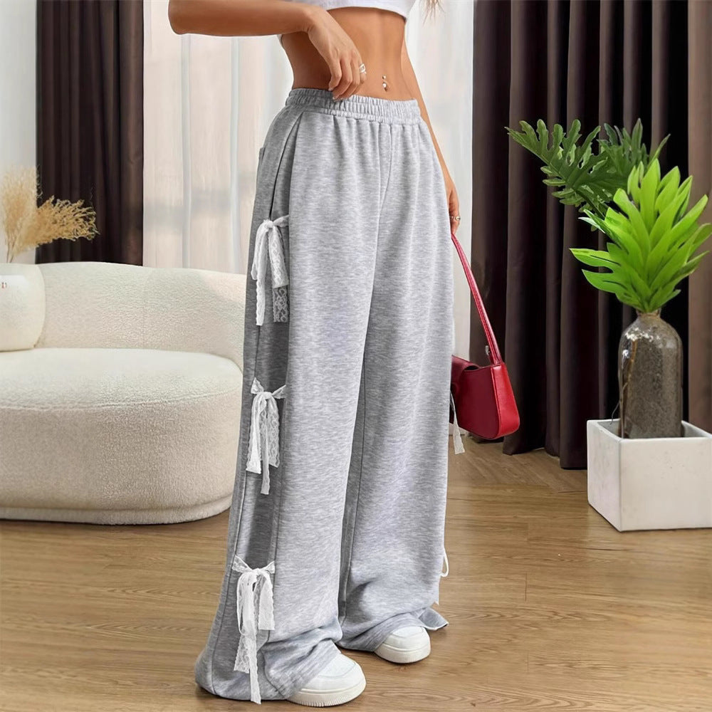 Street Fashion Bow Lace Stitching Personality Wide Leg Pants