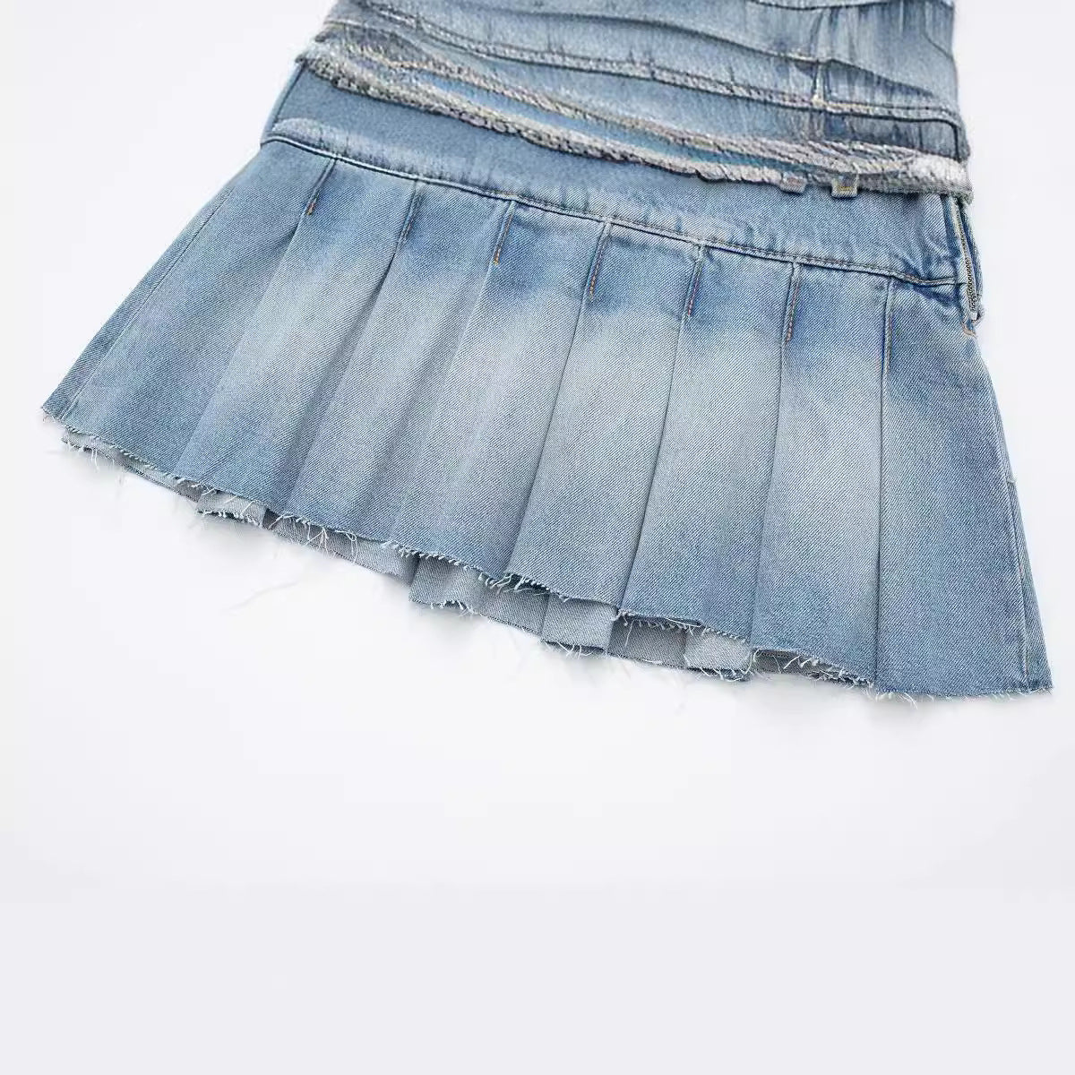 Wide Pleated Waistband Mini Denim Skirt