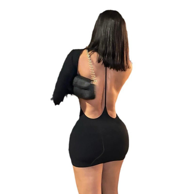 Fashion Solid Color Round Neck Backless Slim Fit Hip Bag Dress