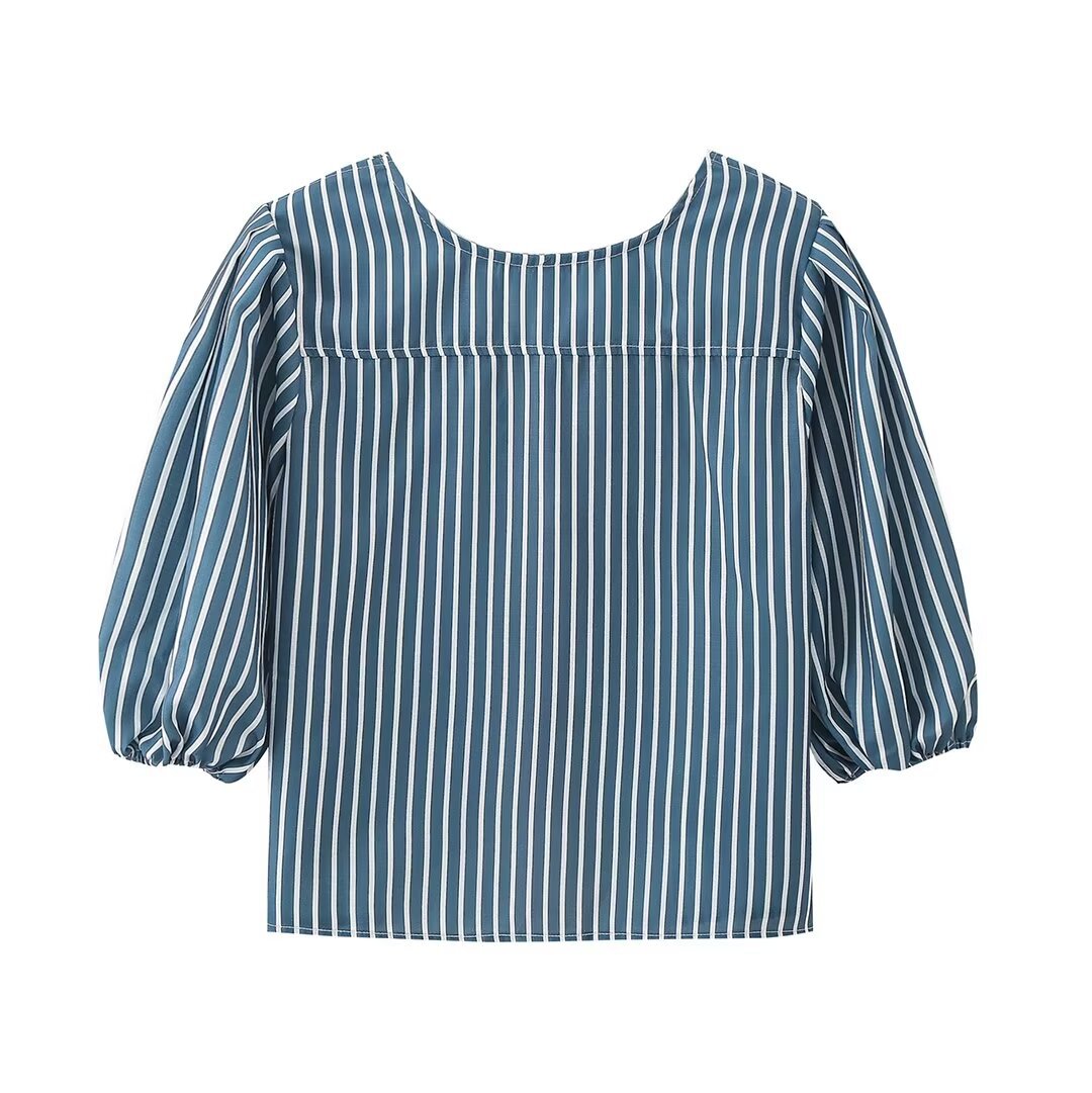 Women's Striped Bow Lace-up Top