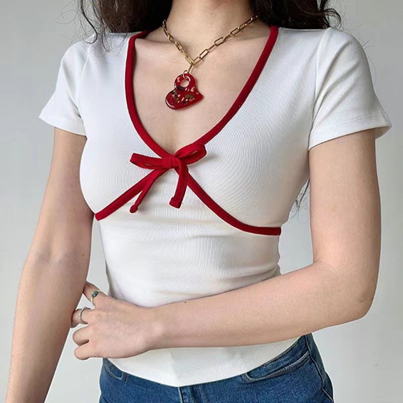 Women's Bow Color Matching Top Girl Slim Fit Short V-neck Short Sleeve