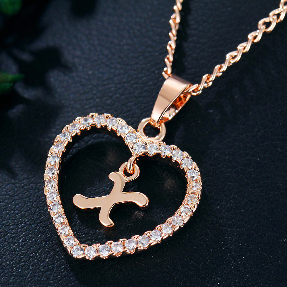 Heart-shaped Zircon Pendant Necklace Stainless Steel Gold 26 Letters