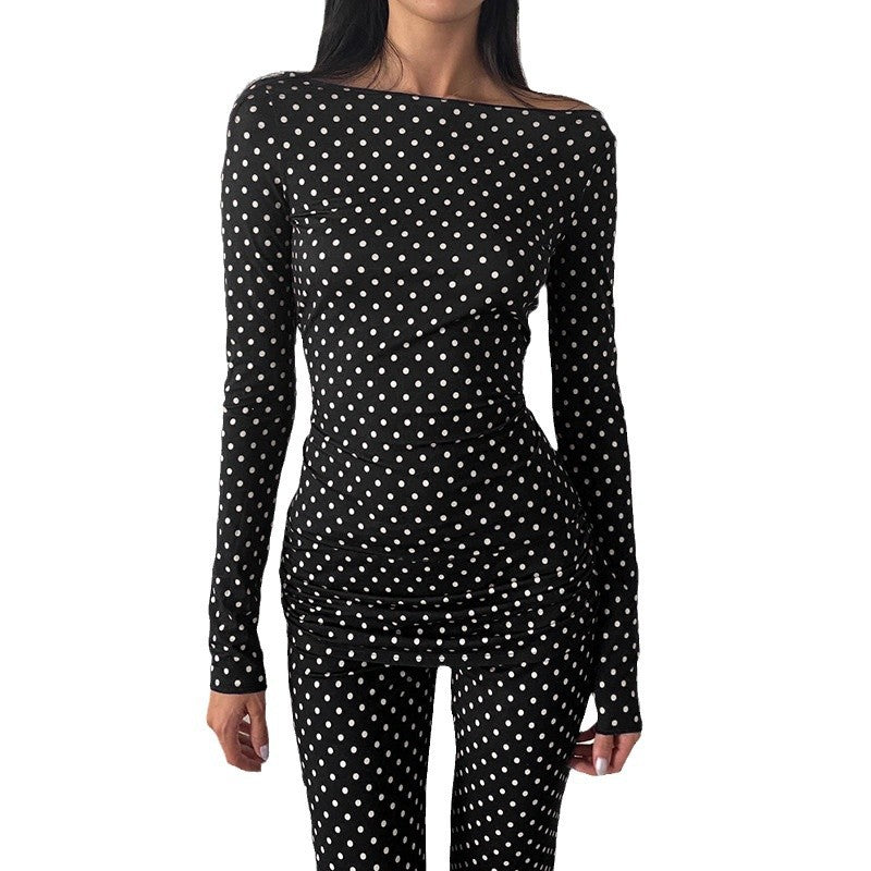 Polka Dot Two-piece Set Bootcut Pants Stretch Slim-fit Printed Top