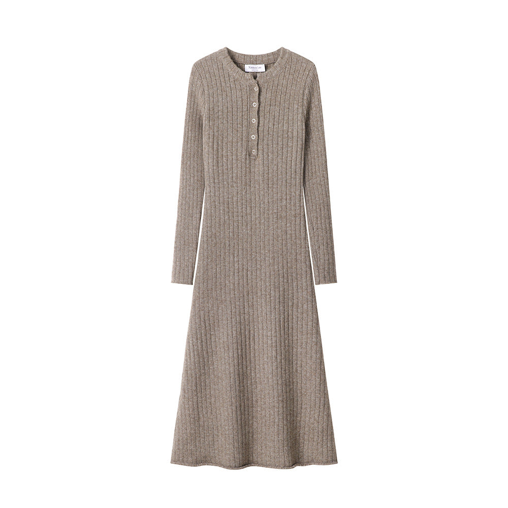 Women's Retro Design Knitted Long-sleeved Waist Three-color Dress