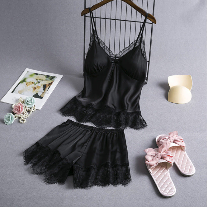 New Elastic Satin Lace Suit Nightdress With Suspenders Style