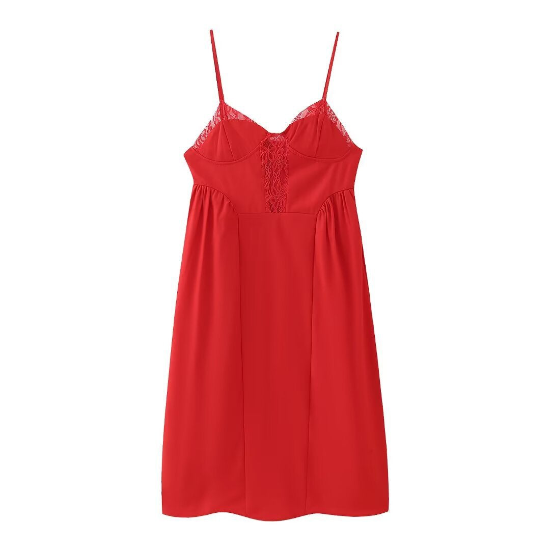 Women's Lace Patchwork Waist-slimming Red Slip Dress