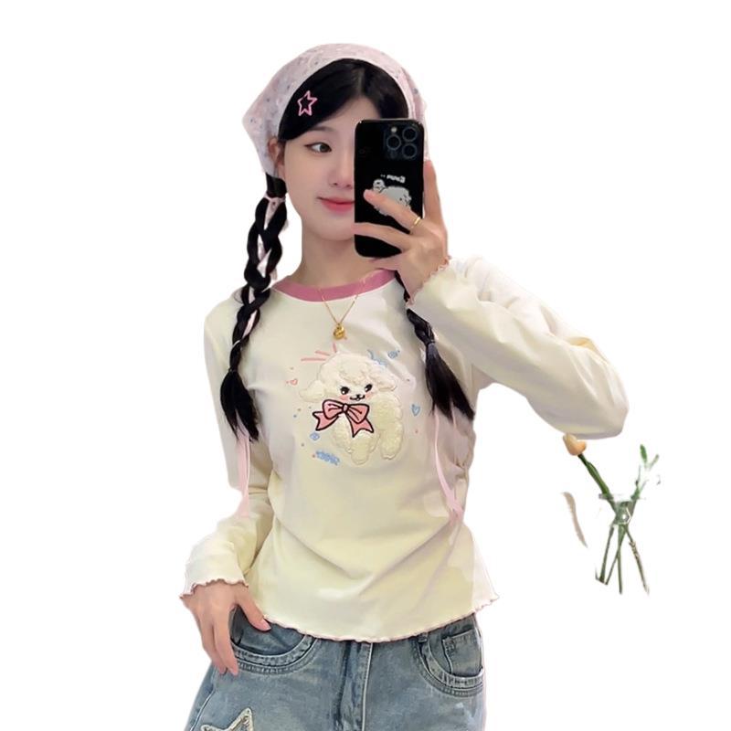 Sweet Lamb Flocking Cute Long Sleeve Top Women's Round Neck Shoulder