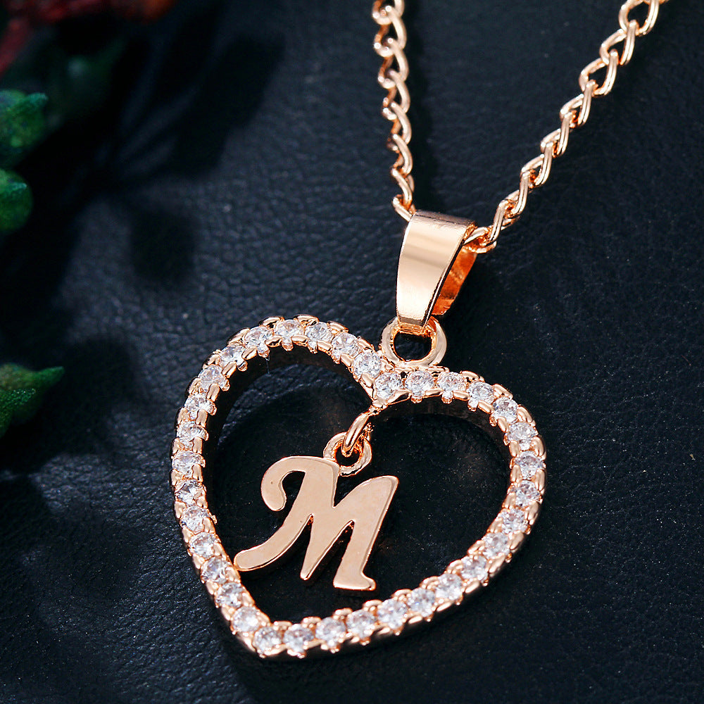 Heart-shaped Zircon Pendant Necklace Stainless Steel Gold 26 Letters