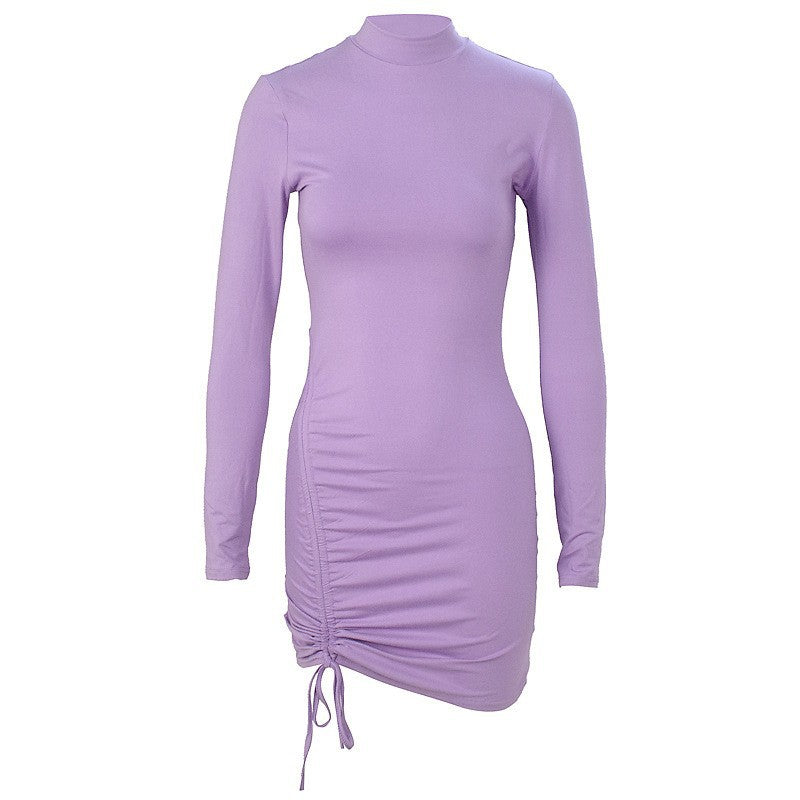 Turtleneck Purple Long Sleeve Pleated Tie Dress