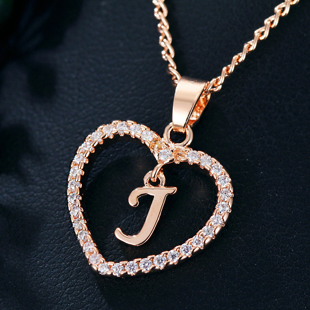 Heart-shaped Zircon Pendant Necklace Stainless Steel Gold 26 Letters