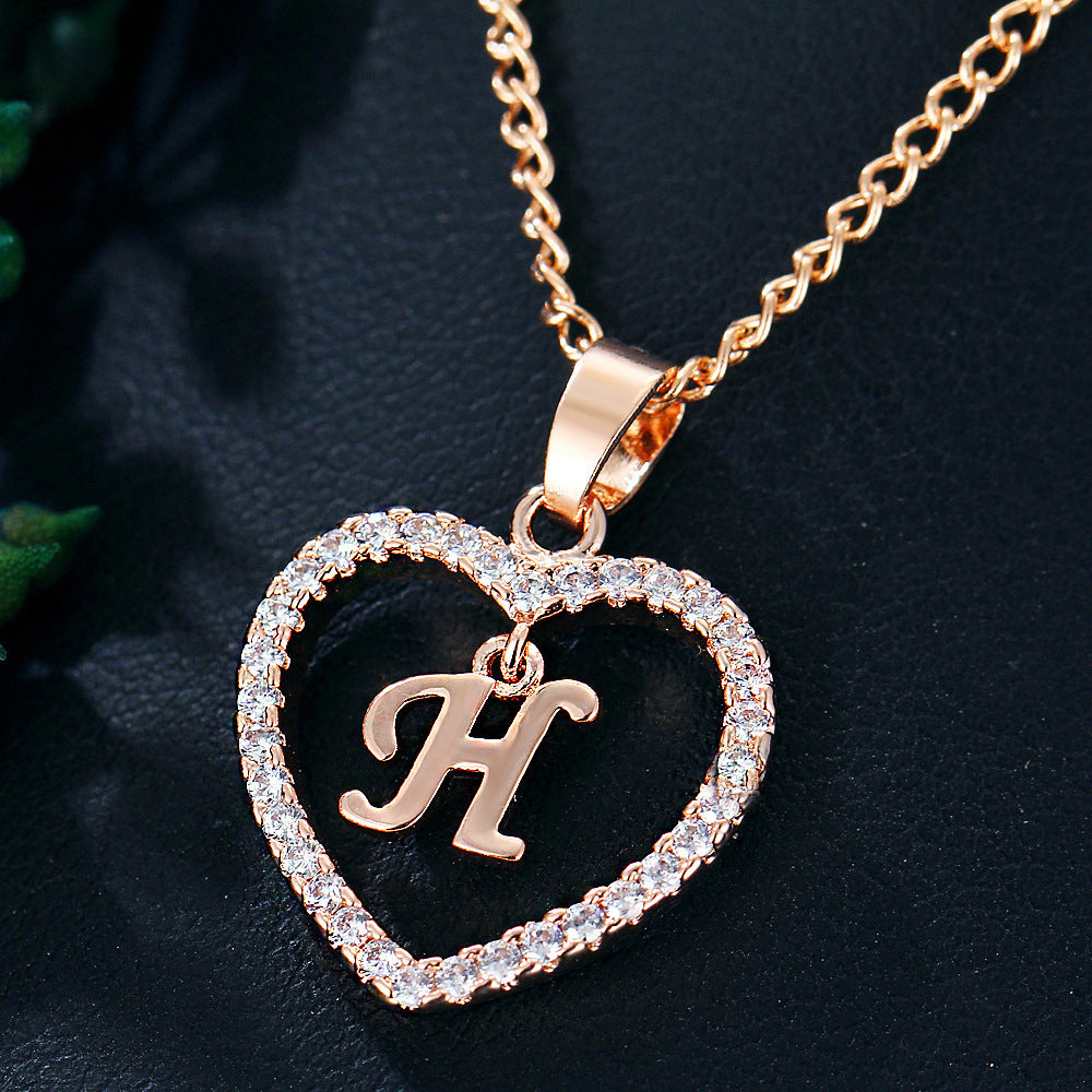 Heart-shaped Zircon Pendant Necklace Stainless Steel Gold 26 Letters