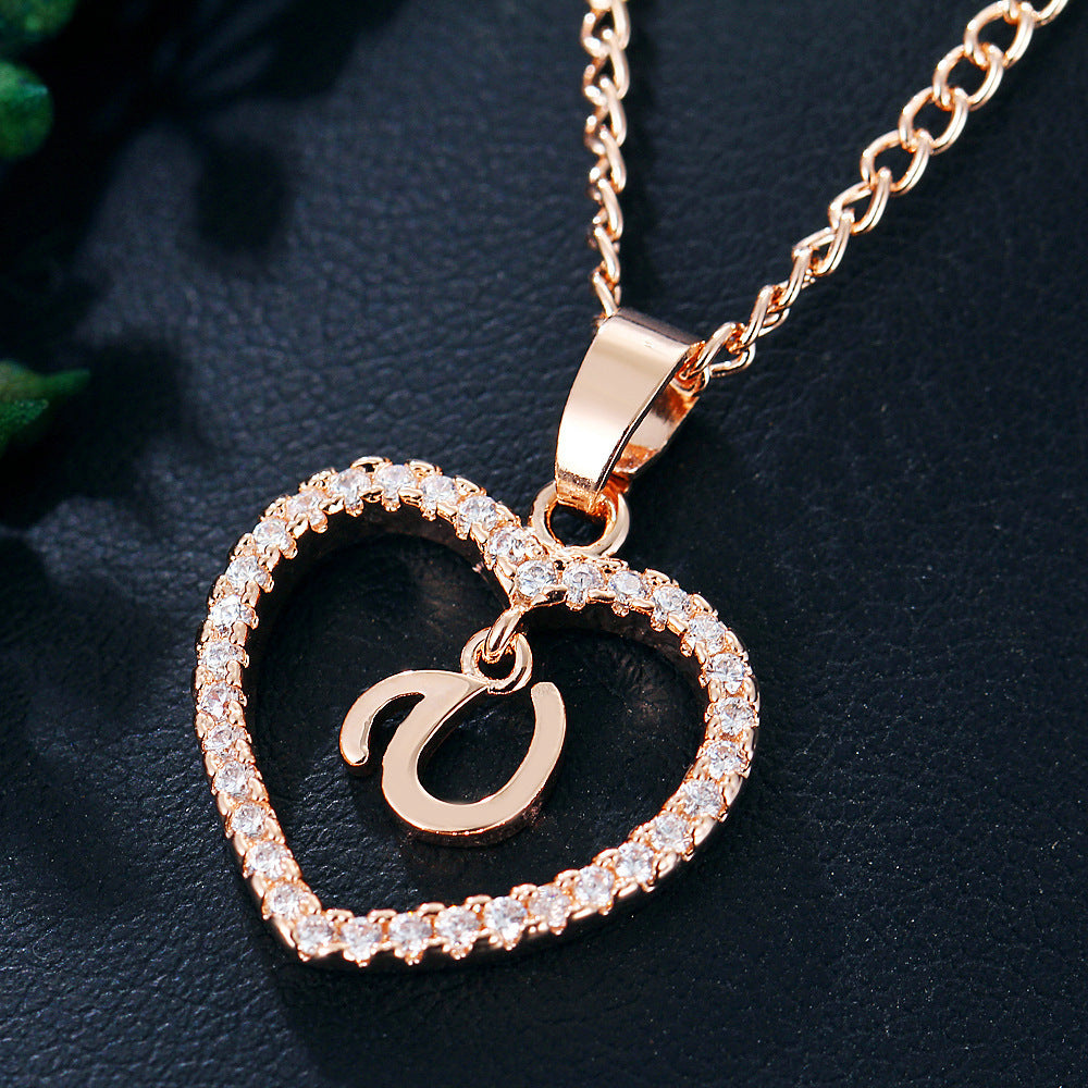 Heart-shaped Zircon Pendant Necklace Stainless Steel Gold 26 Letters