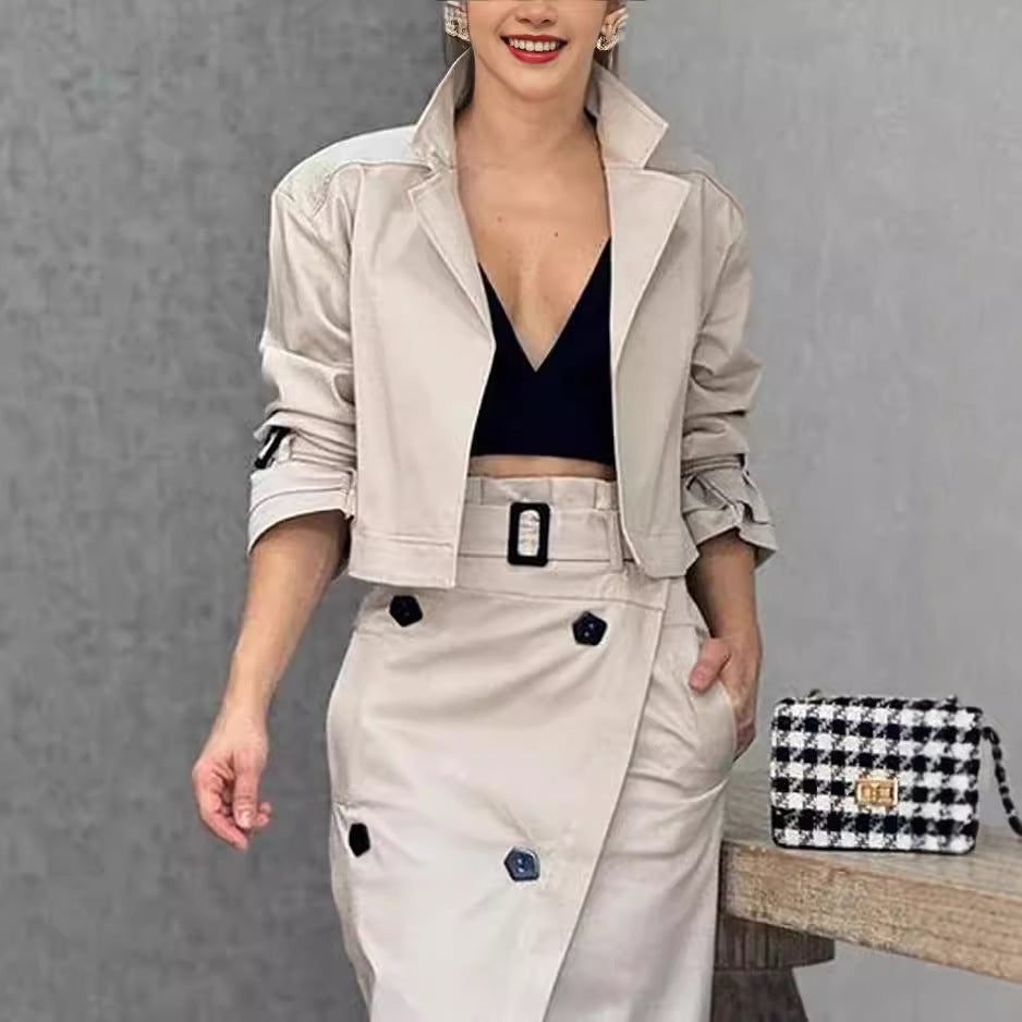 Women's Suit Lapel Patchwork Coat Skirt Two-piece Set Including Belt