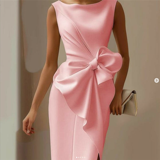 Fashion Graceful Bow Dress Skirt High Waist Slim Solid Color Dress