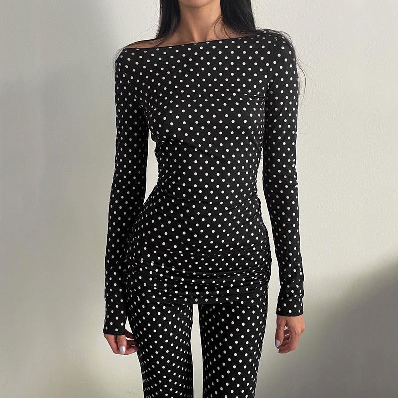 Polka Dot Two-piece Set Bootcut Pants Stretch Slim-fit Printed Top