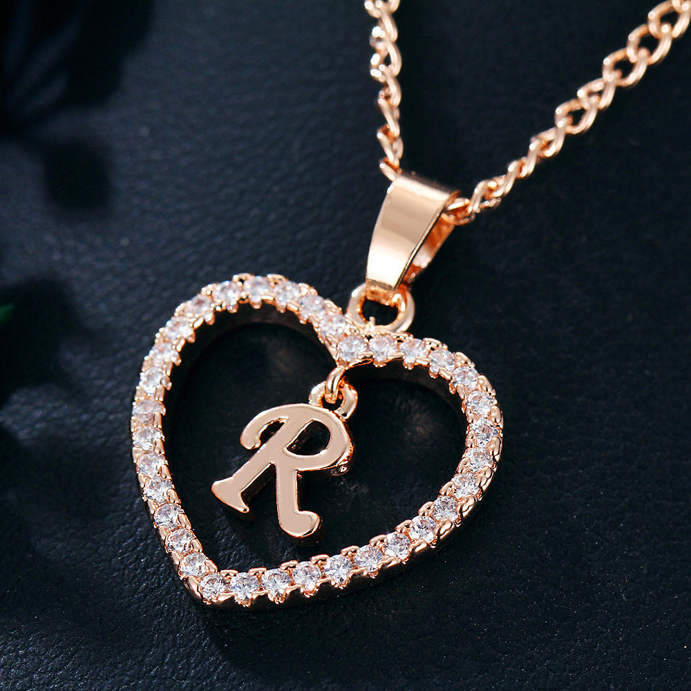 Heart-shaped Zircon Pendant Necklace Stainless Steel Gold 26 Letters