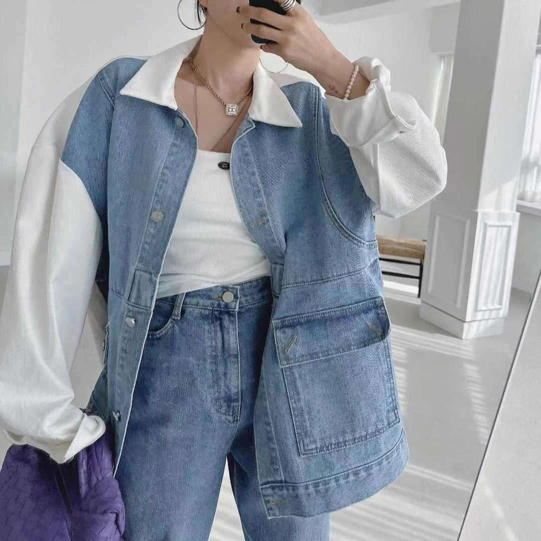 Color Contrast Stitching Denim Baggy Coat