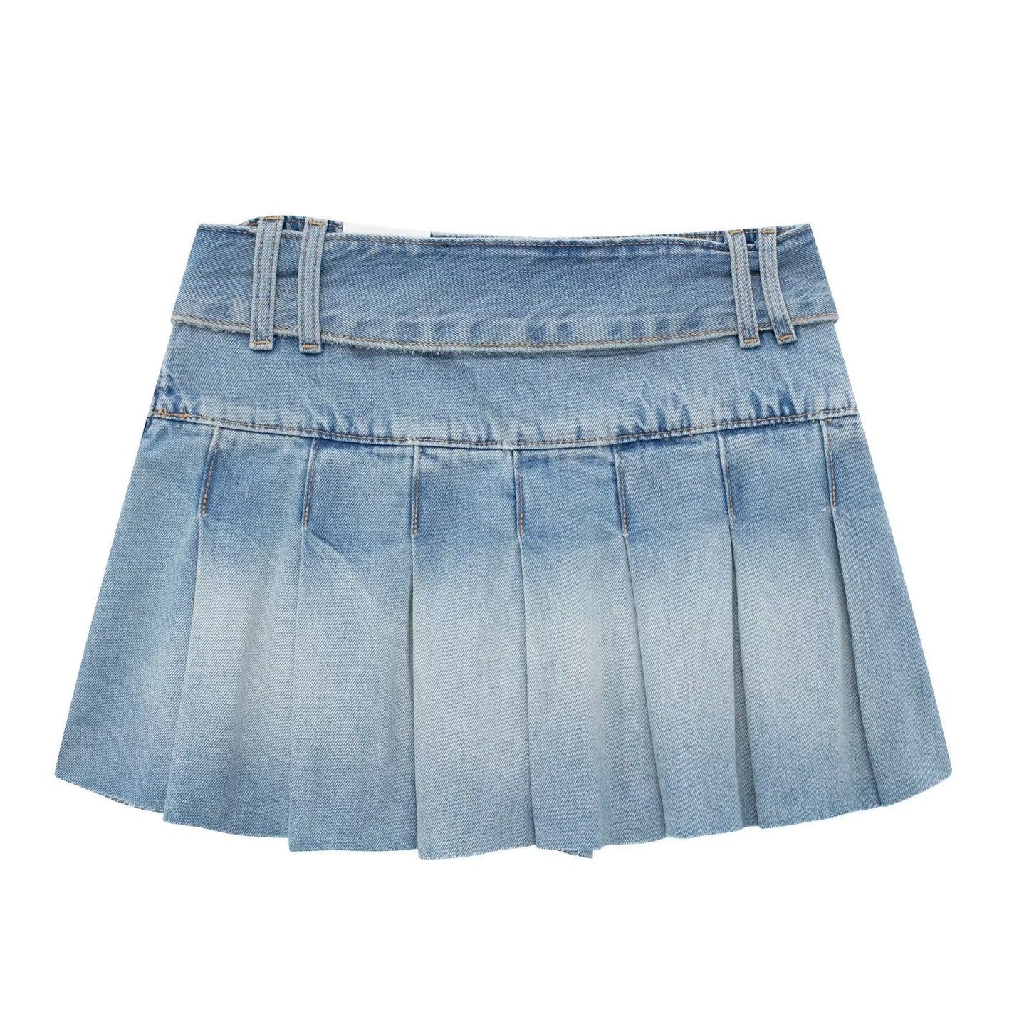 Wide Pleated Waistband Mini Denim Skirt