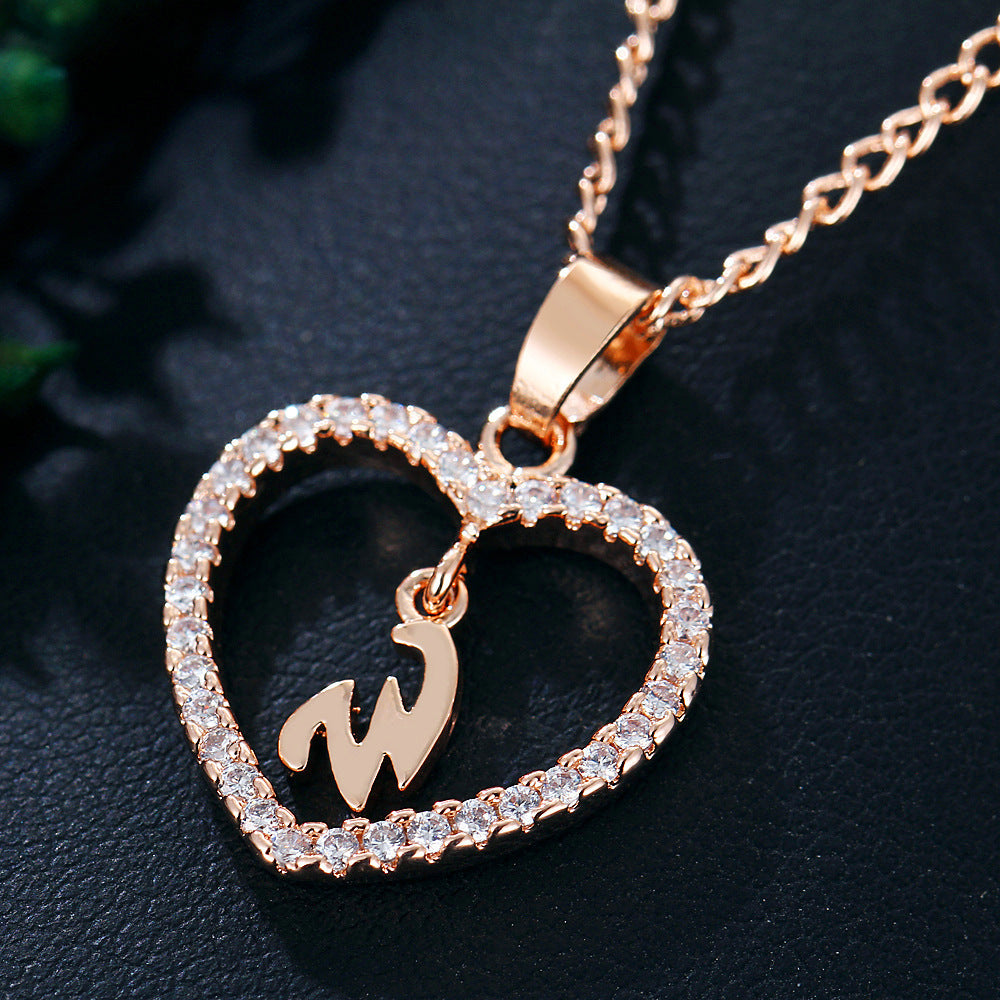 Heart-shaped Zircon Pendant Necklace Stainless Steel Gold 26 Letters