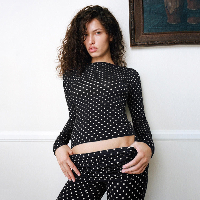 Polka Dot Two-piece Set Bootcut Pants Stretch Slim-fit Printed Top