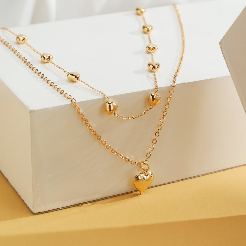 Double-layer Heart Pendant Fine Chain Necklace For Women Multilayer Gold Color Metal Necklaces