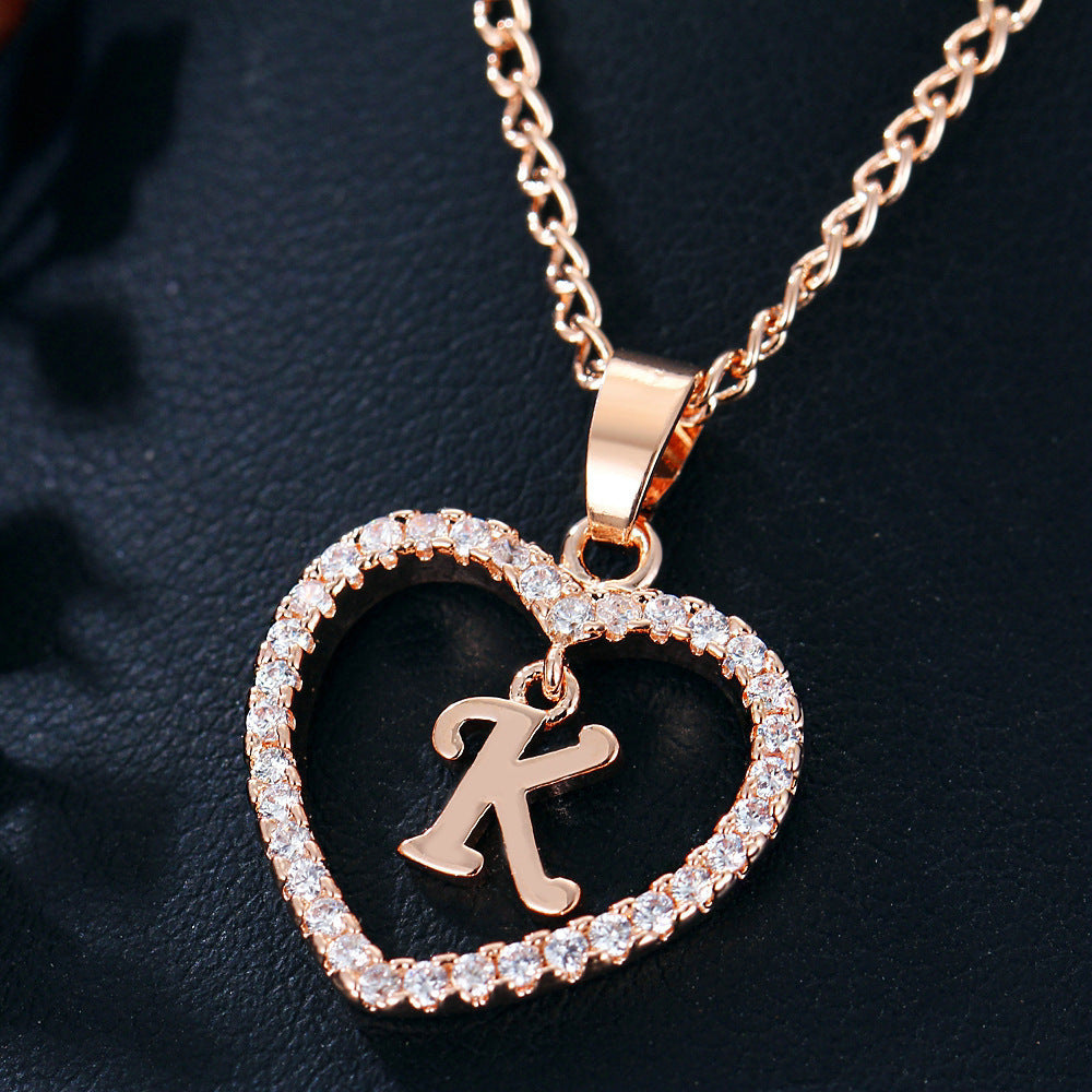 Heart-shaped Zircon Pendant Necklace Stainless Steel Gold 26 Letters