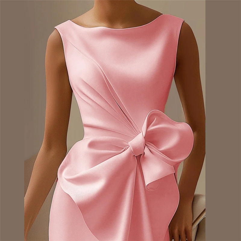 Fashion Graceful Bow Dress Skirt High Waist Slim Solid Color Dress