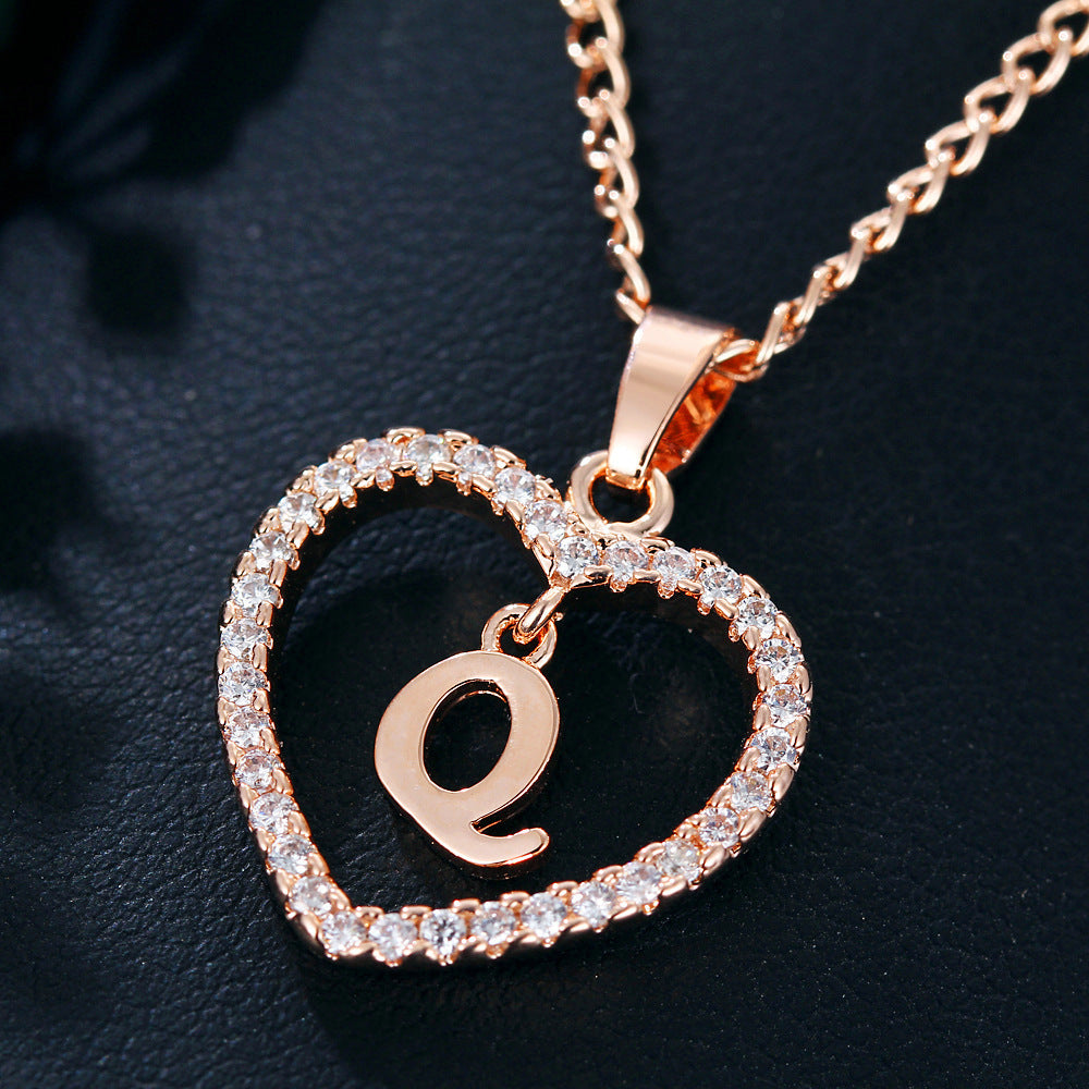 Heart-shaped Zircon Pendant Necklace Stainless Steel Gold 26 Letters