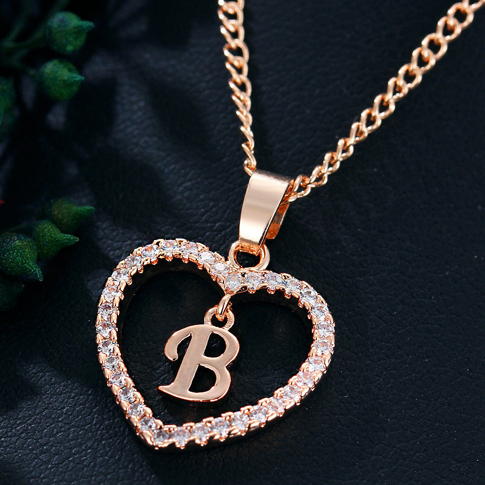 Heart-shaped Zircon Pendant Necklace Stainless Steel Gold 26 Letters