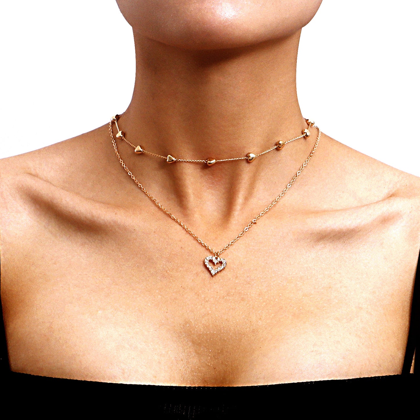 Double-layer Heart Pendant Fine Chain Necklace For Women Multilayer Gold Color Metal Necklaces