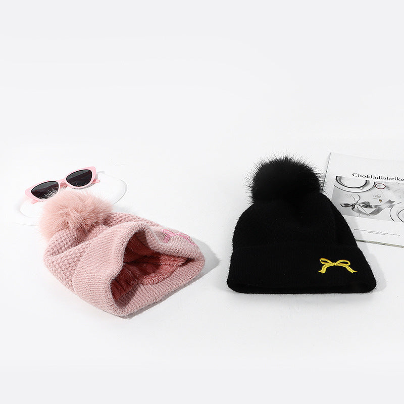 Embroidery Bow Velvet Knitted Woolen Cap