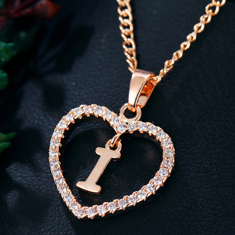 Heart-shaped Zircon Pendant Necklace Stainless Steel Gold 26 Letters