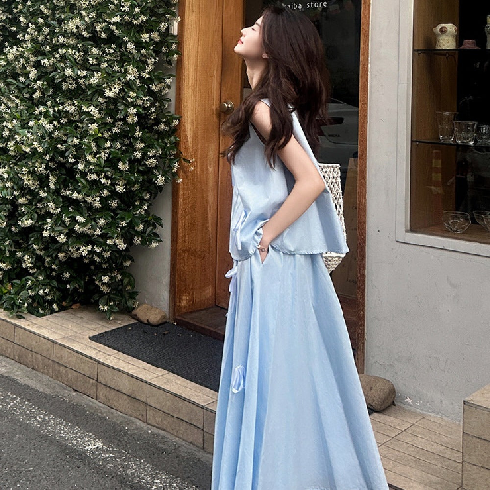 French Style Bow Blue Sleeveless Suit Skirt For Women