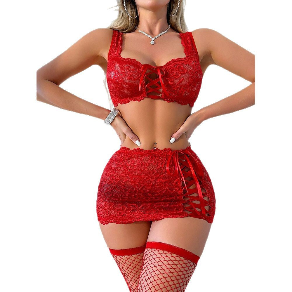 Underwear Lace See-through Temptation Bra Skirt T-back 3-piece Set