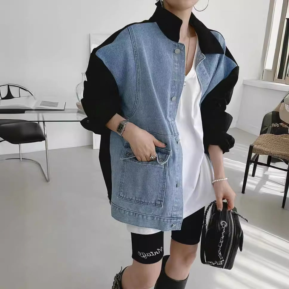 Color Contrast Stitching Denim Baggy Coat