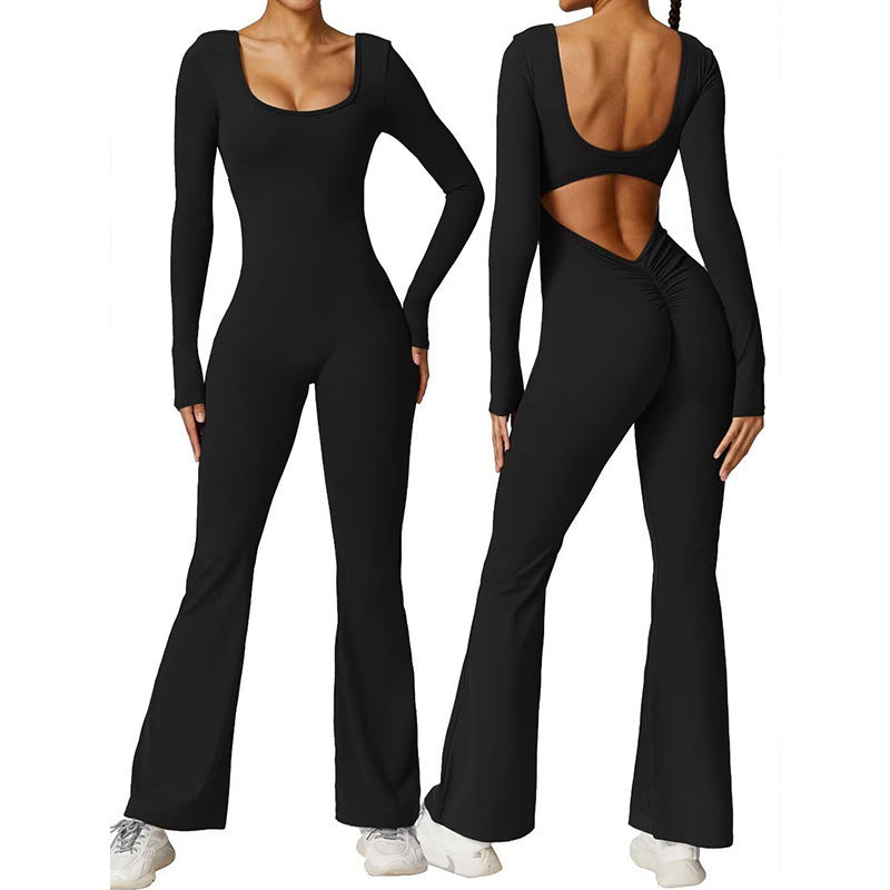 Solid Color Slim Fit Hip Raise Jumpsuit Long Sleeve