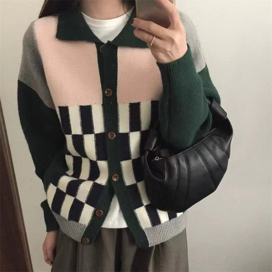 Color Matching Plaid Single Breasted Knitted Cardigan Sweater