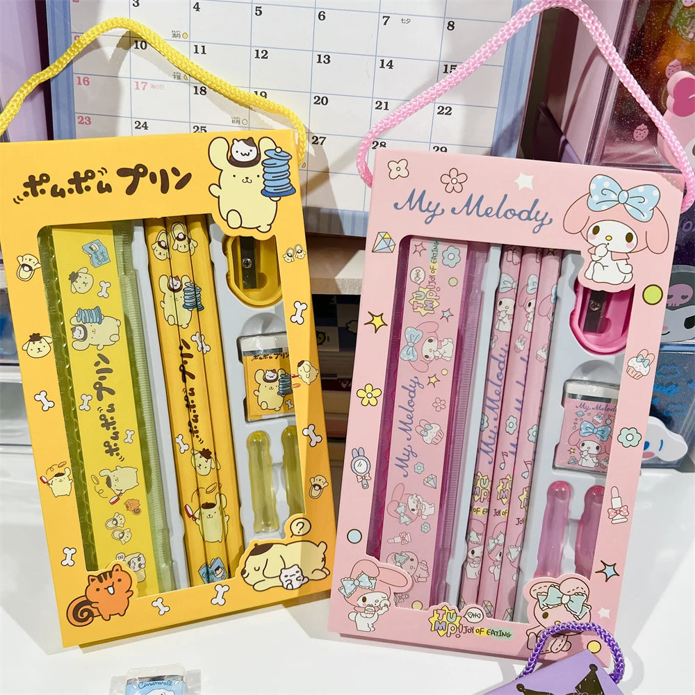 Sanrio Stationery Set Hello Kitty Cinnamoroll Kuromi Cartoon Pencil Rubber Ruler Pencil Sharpener Student Supplie Stationery Set