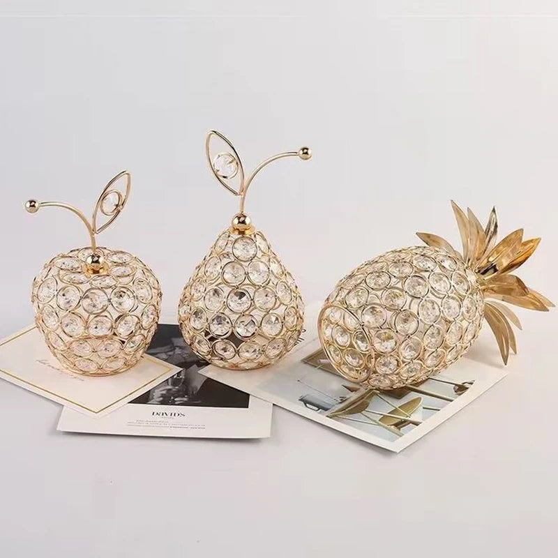 Creative New 3D Crystal Apple Ornaments Gold Shiny Bling Rhinestone Pineapple Shape Snow Pear Crafts Tabletop Decoration Gifts