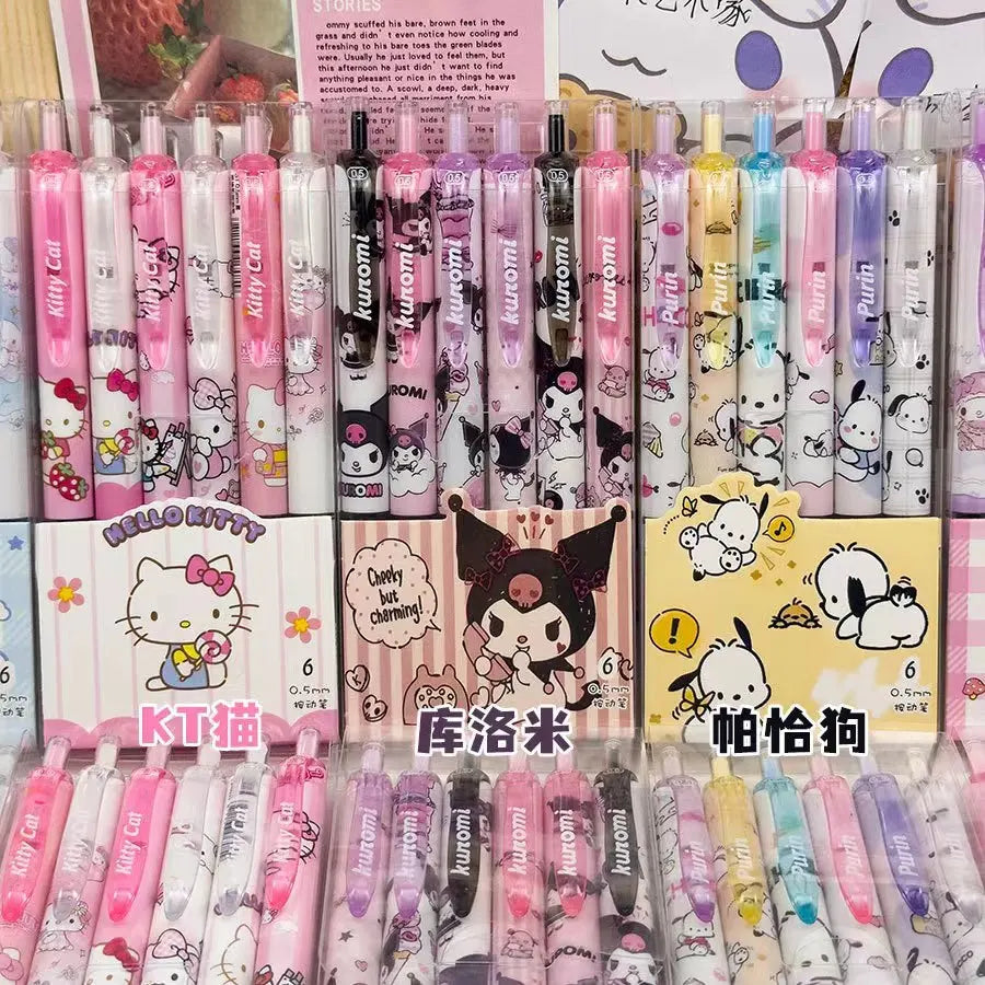 Cartoon Kuromi Writing Pen Kawaii Hello Kitty Cinnamoroll Melody 0.5mm Quick Drying ST Gel Pen Student School Stationery 6pcs