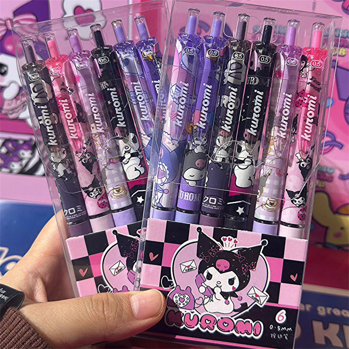 Kawaii Sanrio Kuromi Hello Kitty 0.5mm Gel Pens Set Cute Black Pen Cartoon School Student Stationery Supplies Gift 6Pcs/Set