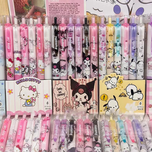 Cartoon Kuromi Writing Pen Kawaii Hello Kitty Cinnamoroll Melody 0.5mm Quick Drying ST Gel Pen Student School Stationery 6pcs