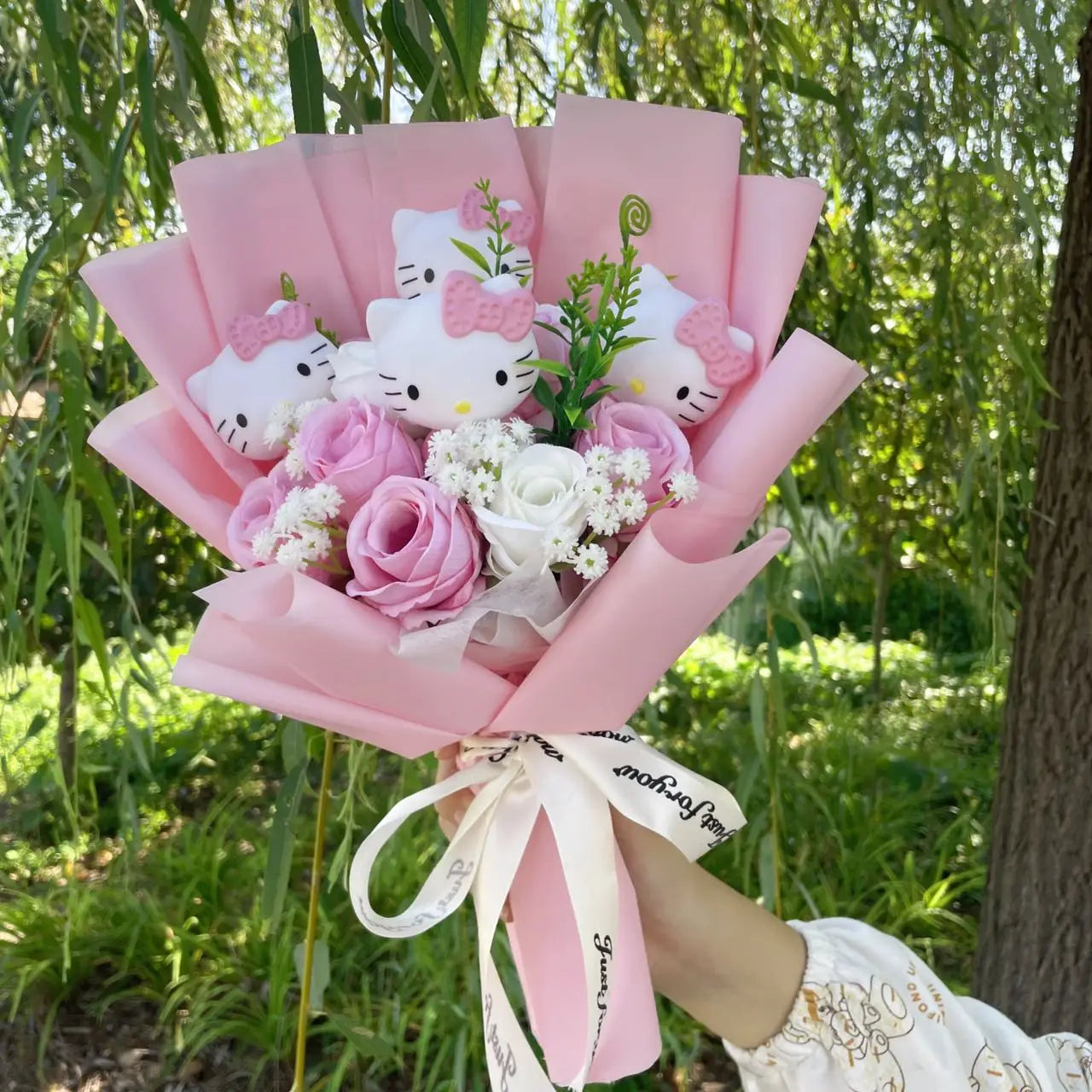 Kawaii Hello Kitty Cat Dolls With Artificial Flowers Creative Sanrio Bouquet Gifts