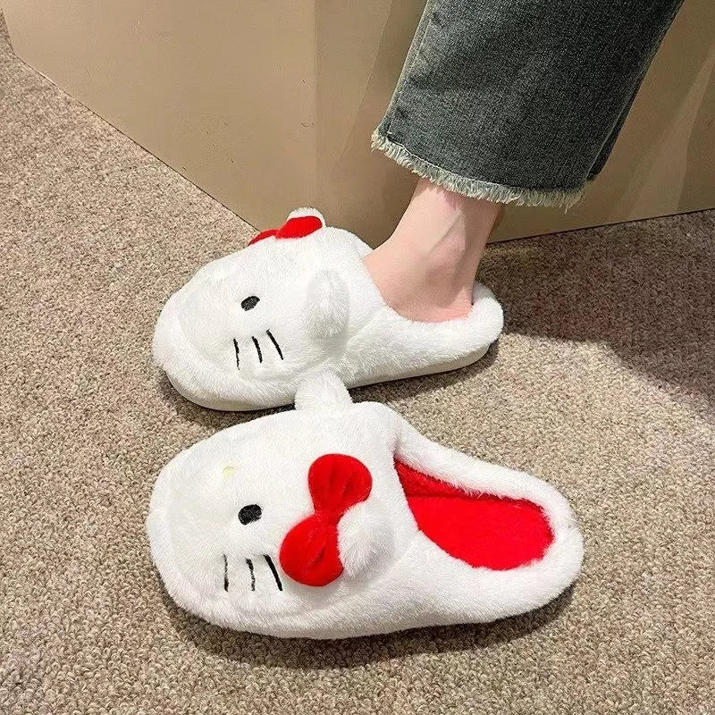 Fashion Sanrio Hello Kitty Plush Slipper Cartoon Kt Cat Warm Winter Indoor Slippers Flat Casual Non-Slip Girls Home Shoes