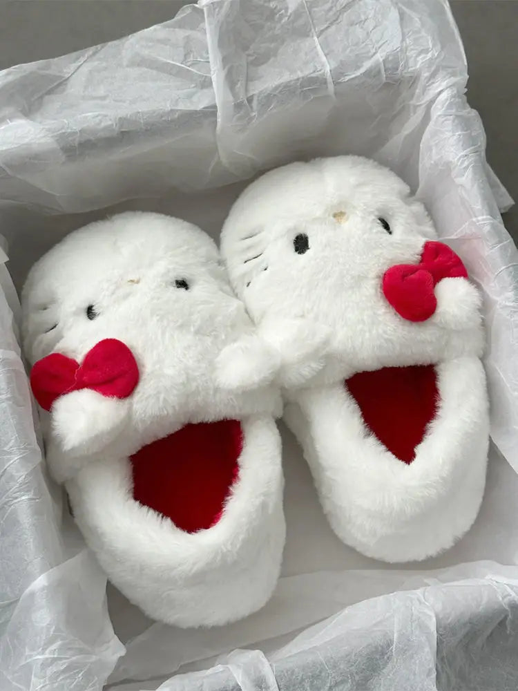 Fashion Sanrio Hello Kitty Plush Slipper Cartoon Kt Cat Warm Winter Indoor Slippers Flat Casual Non-Slip Girls Home Shoes