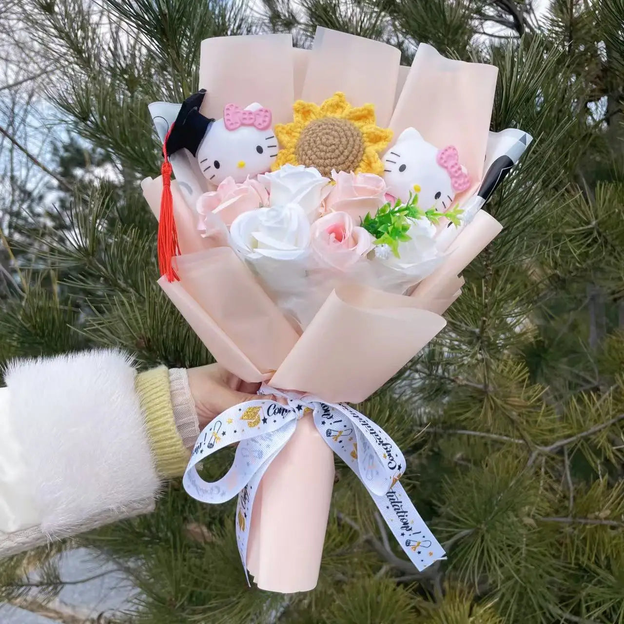 Kawaii Hello Kitty Cat Dolls With Artificial Flowers Creative Sanrio Bouquet Gifts