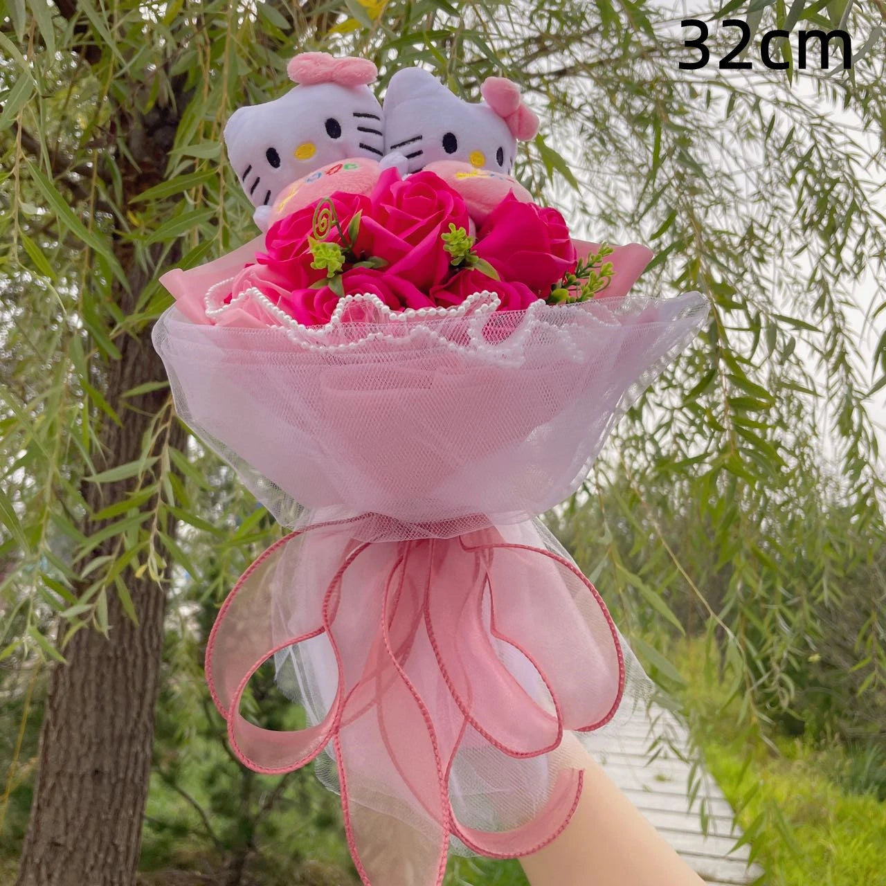 Kawaii Hello Kitty Cat Dolls With Artificial Flowers Creative Sanrio Bouquet Gifts