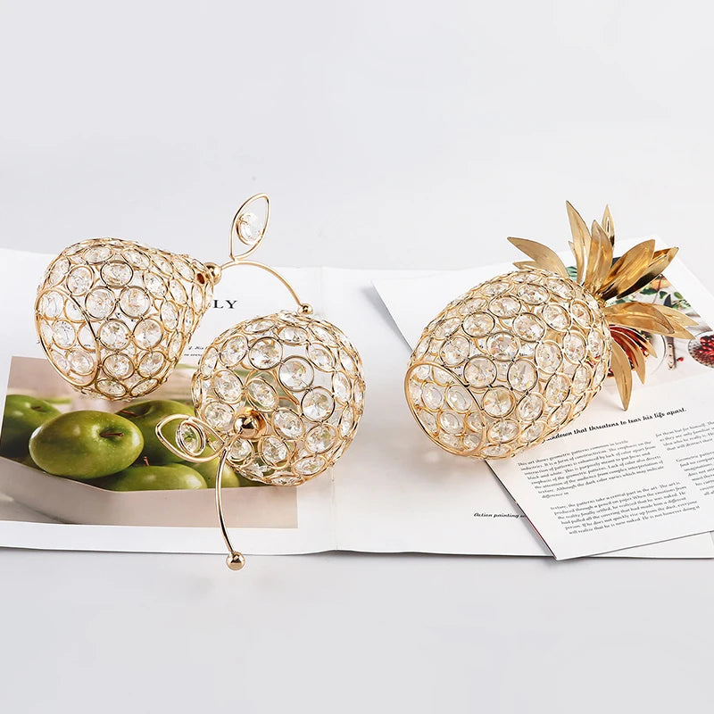 Creative New 3D Crystal Apple Ornaments Gold Shiny Bling Rhinestone Pineapple Shape Snow Pear Crafts Tabletop Decoration Gifts