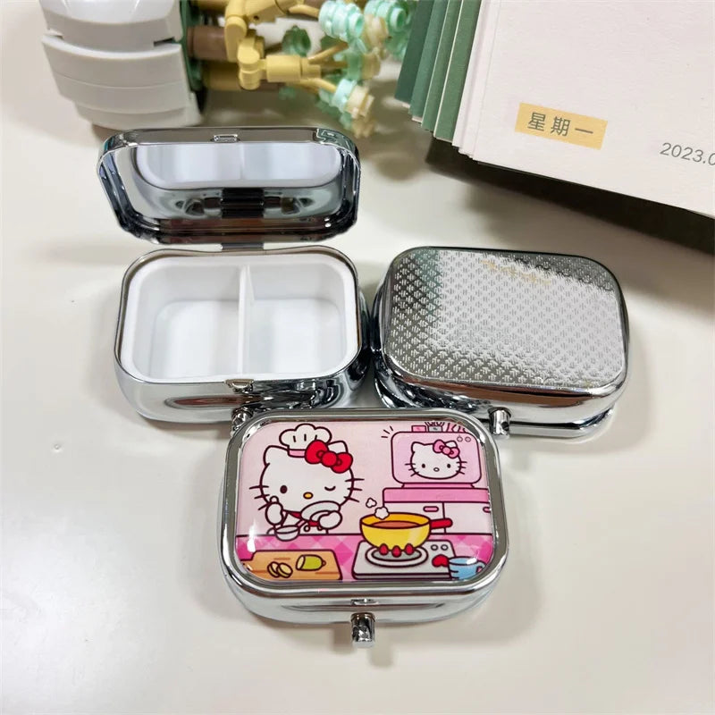 Kawaii Hello Kittys Portable Jewelry Box with HD Mirror Mini Sealed Subpackage Boxs Cute Cartoon Girl Heart Travel Storage Box